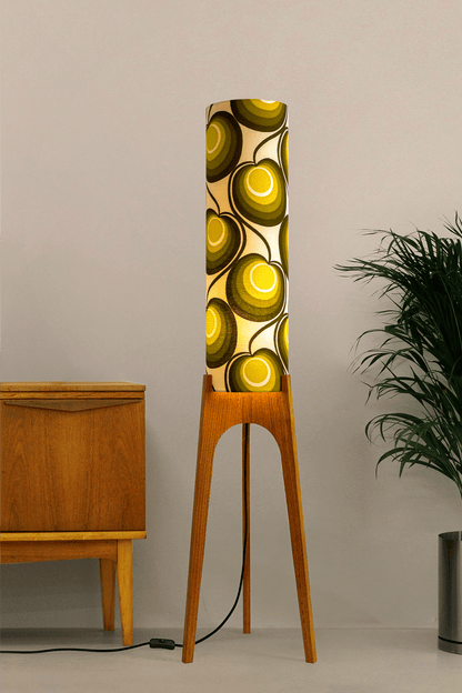 Billie - Archie Rocket Floor Lamp with handmade lampshade from vintage fabric in retro geometric patterned and wooden lampbase handcrafted from Hardwood.