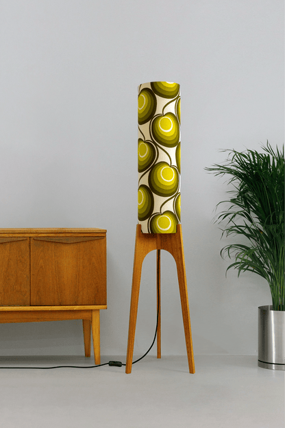 Billie - Archie Rocket Floor Lamp with handmade lampshade from vintage fabric in retro geometric patterned and wooden lampbase handcrafted from Hardwood.
