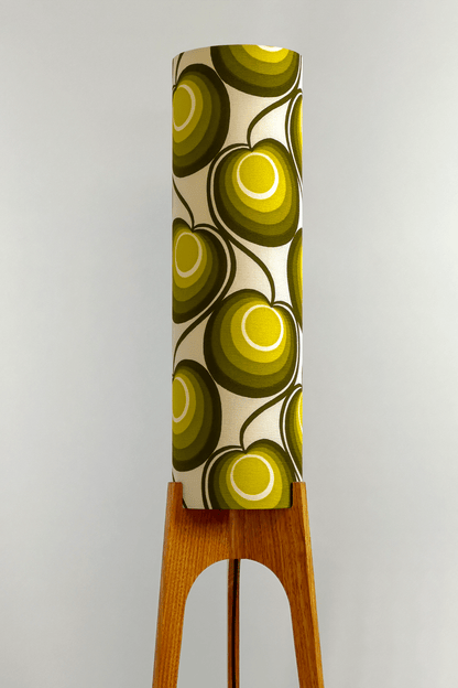 Billie - Archie Rocket Floor Lamp with handmade lampshade from vintage fabric in retro geometric patterned and wooden lampbase handcrafted from Hardwood.