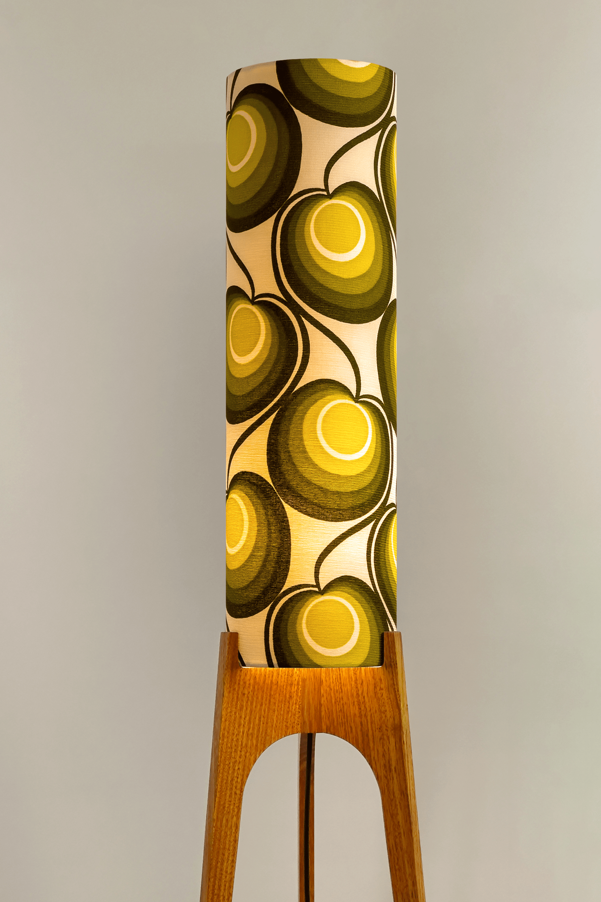 Billie - Archie Rocket Floor Lamp with handmade lampshade from vintage fabric in retro geometric patterned and wooden lampbase handcrafted from Hardwood.