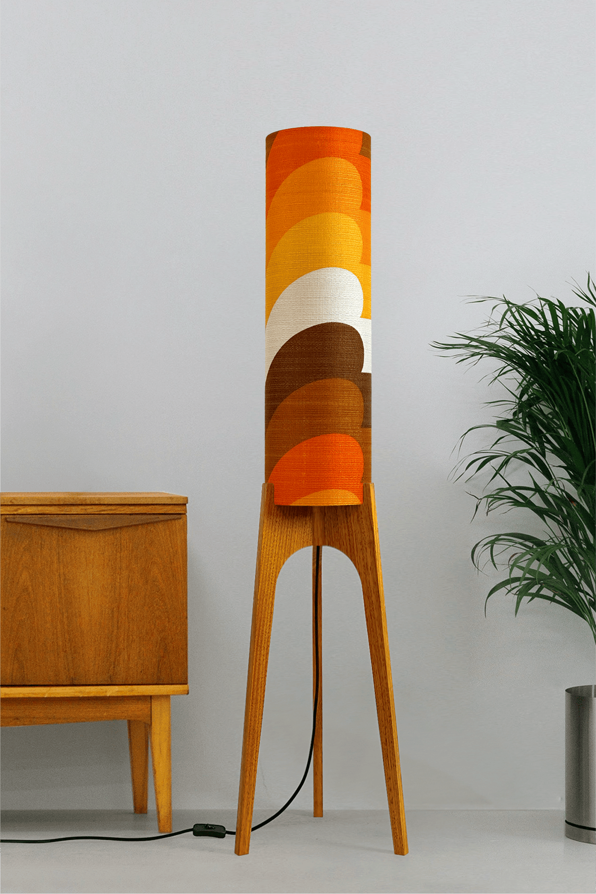 Bobby - Handcrafted wooden Rocket floor lamp with a unique design, handmade lampshade from 70's vintage fabric in Orange, Yellow & Brown