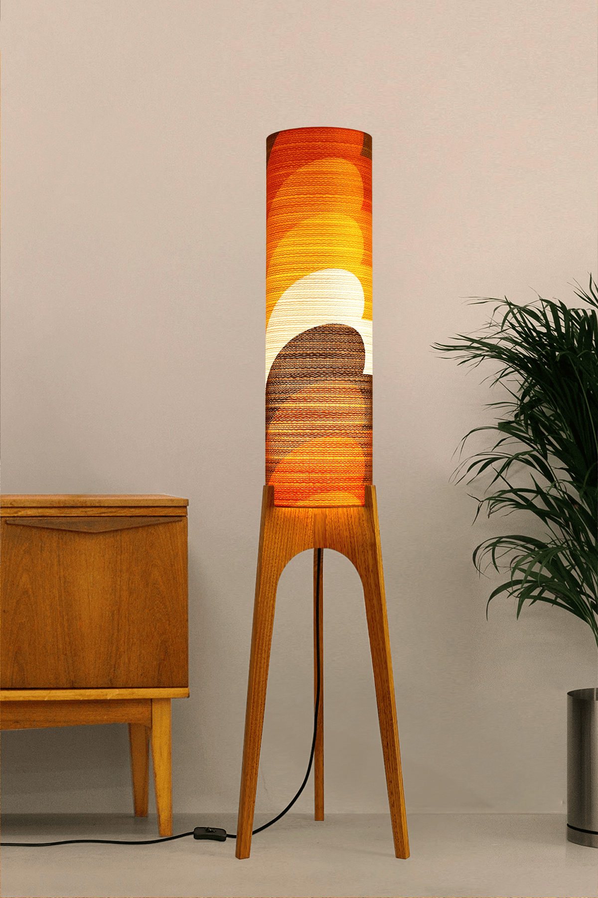 Bobby - Handcrafted wooden Rocket floor lamp with a unique design, handmade lampshade from 70's vintage fabric in Orange, Yellow & Brown