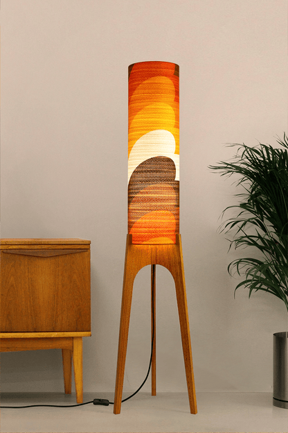 Bobby - Handcrafted wooden Rocket floor lamp with a unique design, handmade lampshade from 70's vintage fabric in Orange, Yellow & Brown