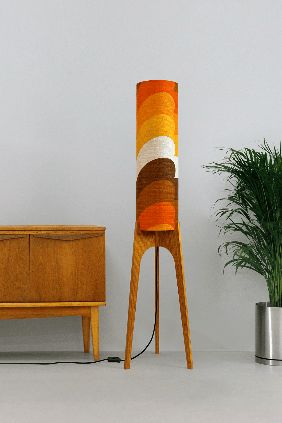 Bobby - Handcrafted wooden Rocket floor lamp with a unique design, handmade lampshade from 70's vintage fabric in Orange, Yellow & Brown