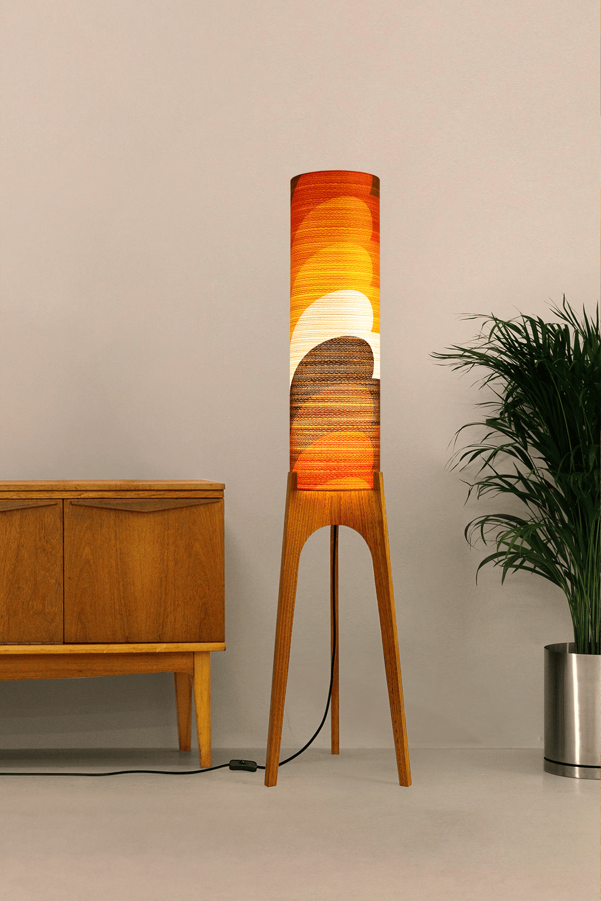 Bobby - Handcrafted wooden Rocket floor lamp with a unique design, handmade lampshade from 70's vintage fabric in Orange, Yellow & Brown