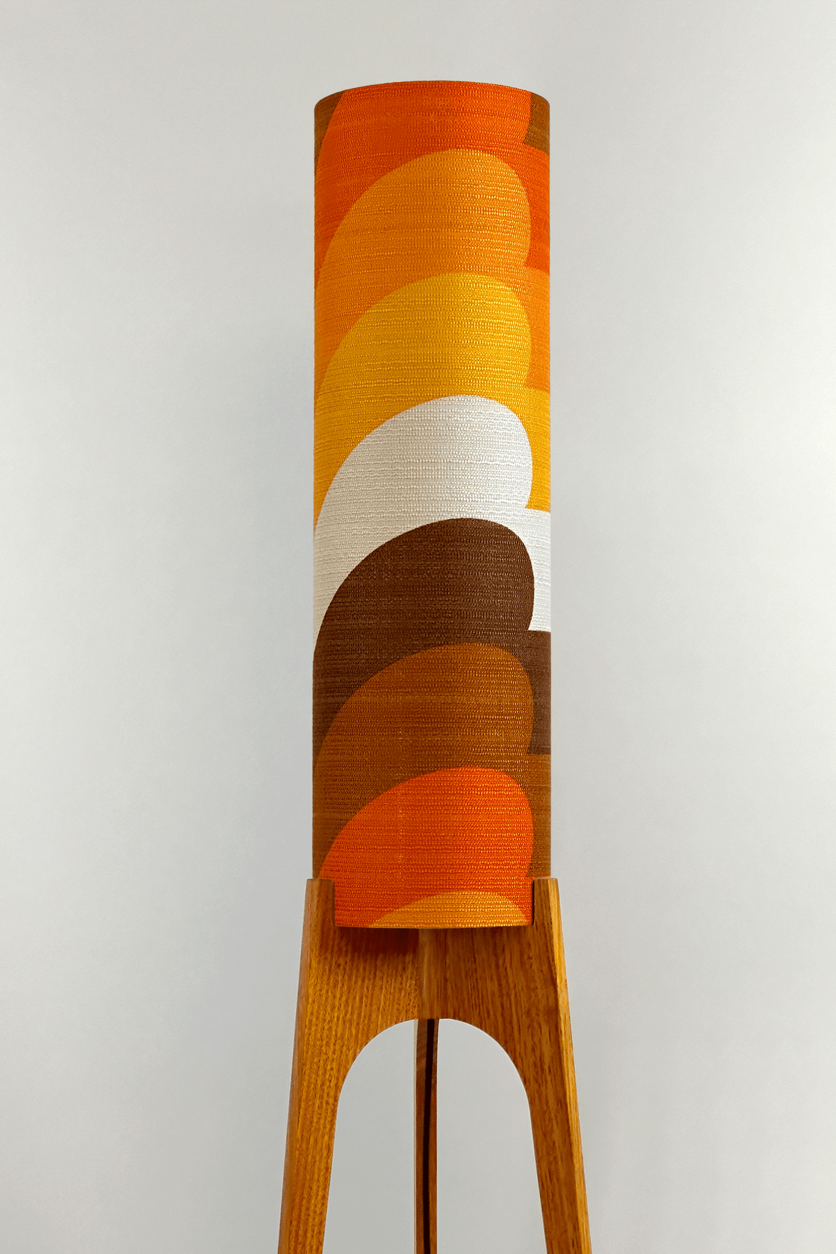 Bobby - Handcrafted wooden Rocket floor lamp with a unique design, handmade lampshade from 70's vintage fabric in Orange, Yellow & Brown