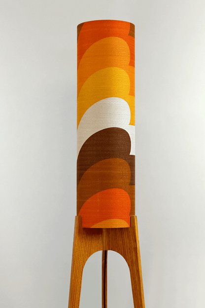 Bobby - Handcrafted wooden Rocket floor lamp with a unique design, handmade lampshade from 70's vintage fabric in Orange, Yellow & Brown
