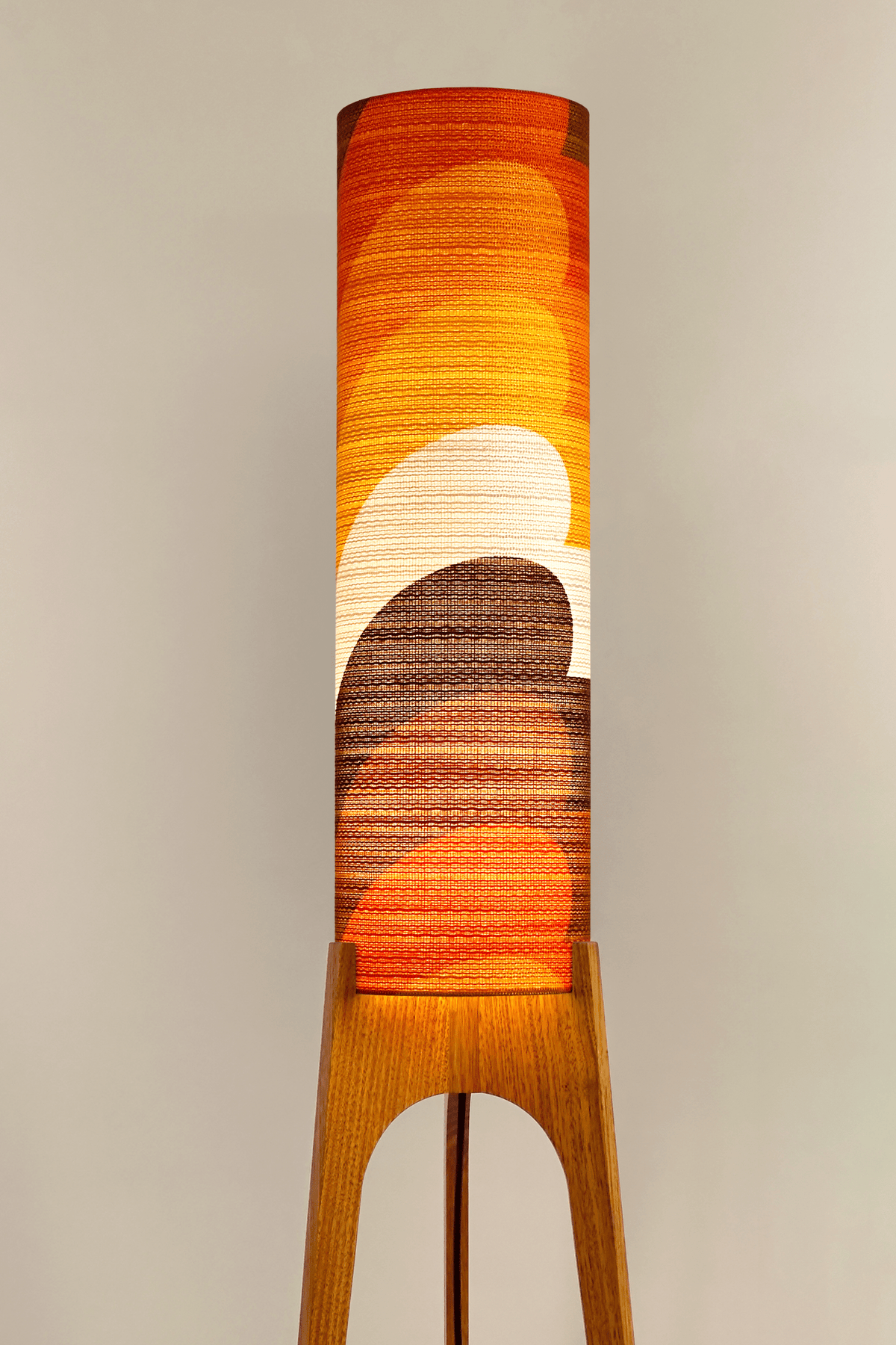 Bobby - Handcrafted wooden Rocket floor lamp with a unique design, handmade lampshade from 70's vintage fabric in Orange, Yellow & Brown