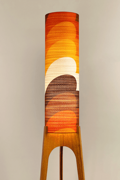 Bobby - Handcrafted wooden Rocket floor lamp with a unique design, handmade lampshade from 70's vintage fabric in Orange, Yellow & Brown