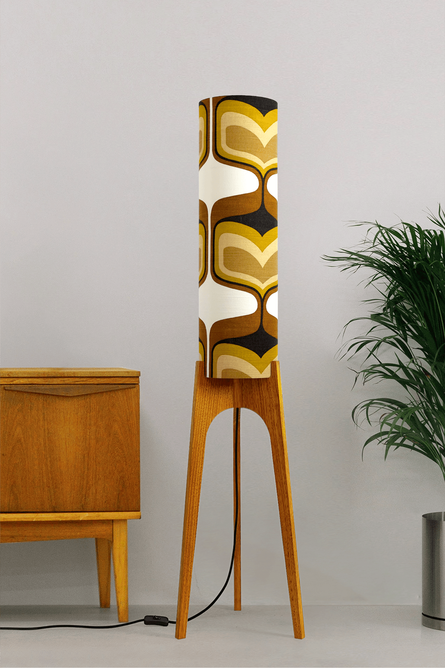 Bruno - Handcrafted wooden Rocket floor lamp with a unique design, handmade lampshade from 70's vintage fabric in mustard and brown.