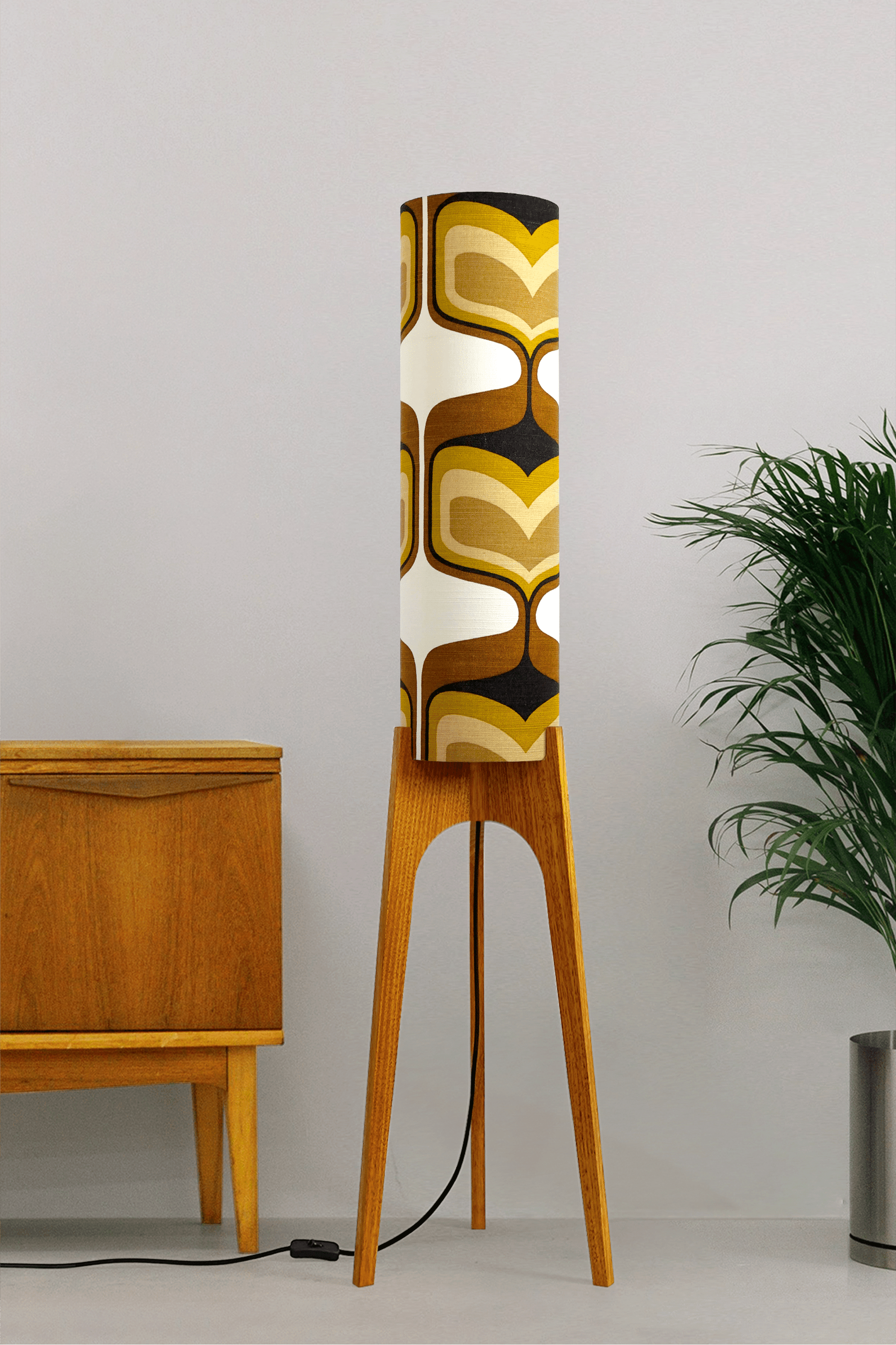 Bruno - Handcrafted wooden Rocket floor lamp with a unique design, handmade lampshade from 70's vintage fabric in mustard and brown.