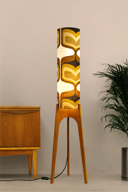 Bruno - Handcrafted wooden Rocket floor lamp with a unique design, handmade lampshade from 70's vintage fabric in mustard and brown.