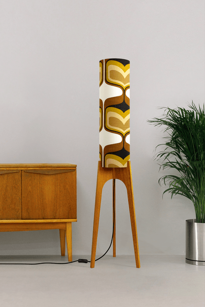 Bruno - Handcrafted wooden Rocket floor lamp with a unique design, handmade lampshade from 70's vintage fabric in mustard and brown.