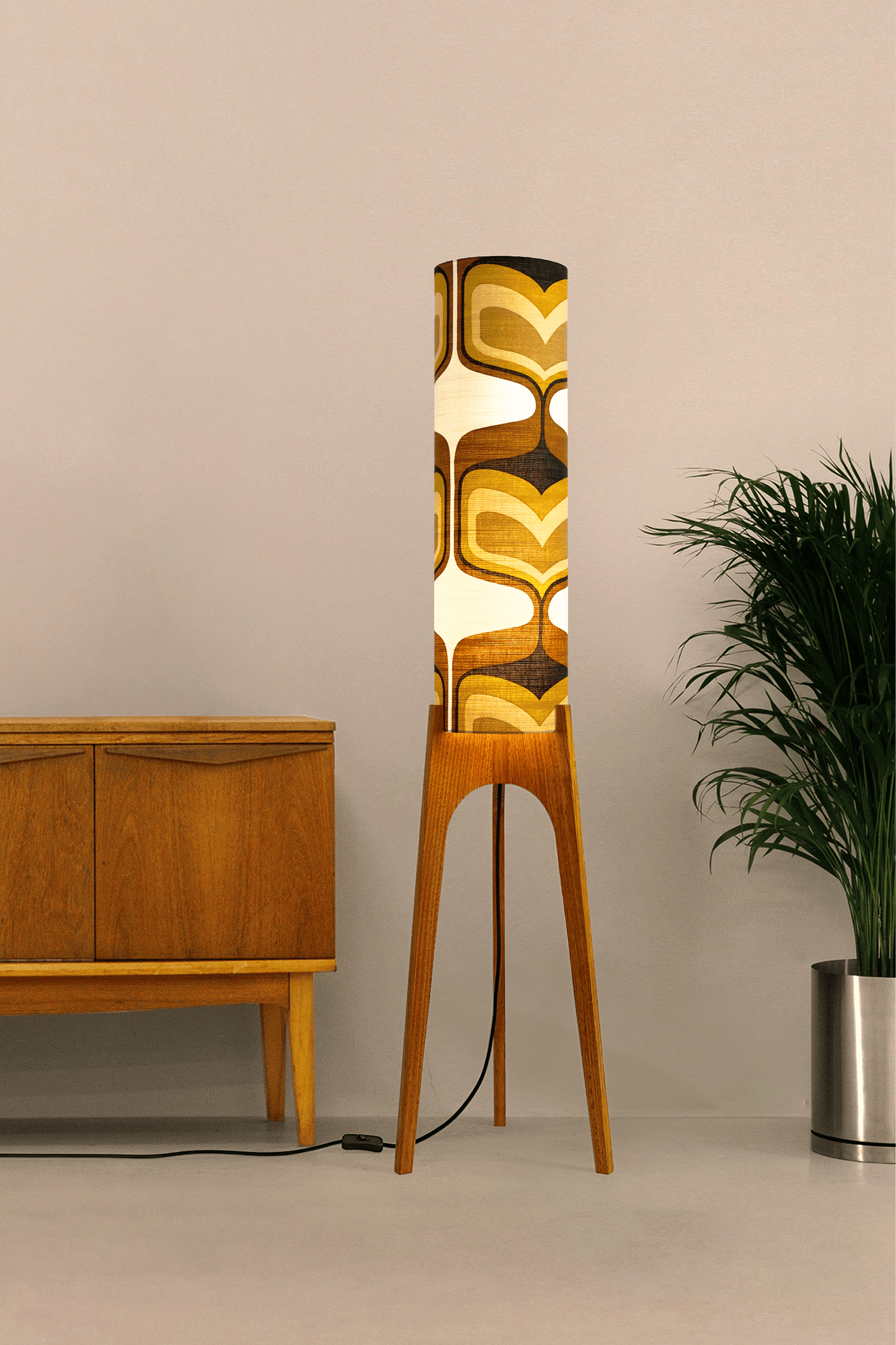 Bruno - Handcrafted wooden Rocket floor lamp with a unique design, handmade lampshade from 70's vintage fabric in mustard and brown.