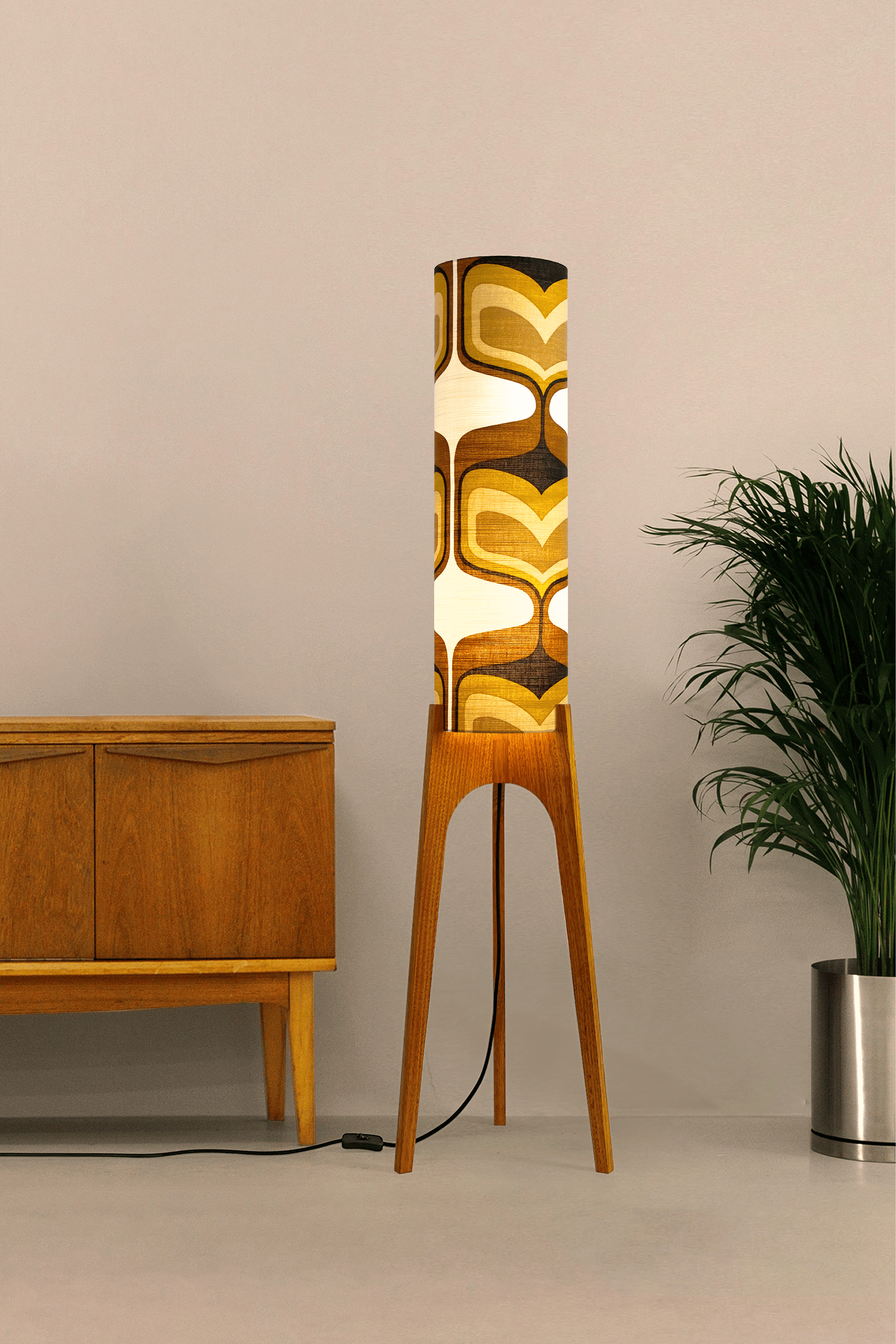 Bruno - Handcrafted wooden Rocket floor lamp with a unique design, handmade lampshade from 70's vintage fabric in mustard and brown.