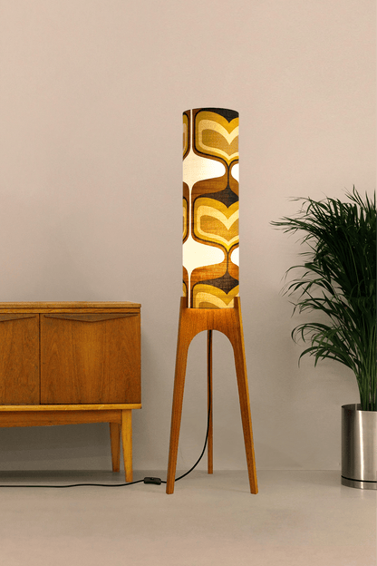Bruno - Handcrafted wooden Rocket floor lamp with a unique design, handmade lampshade from 70's vintage fabric in mustard and brown.