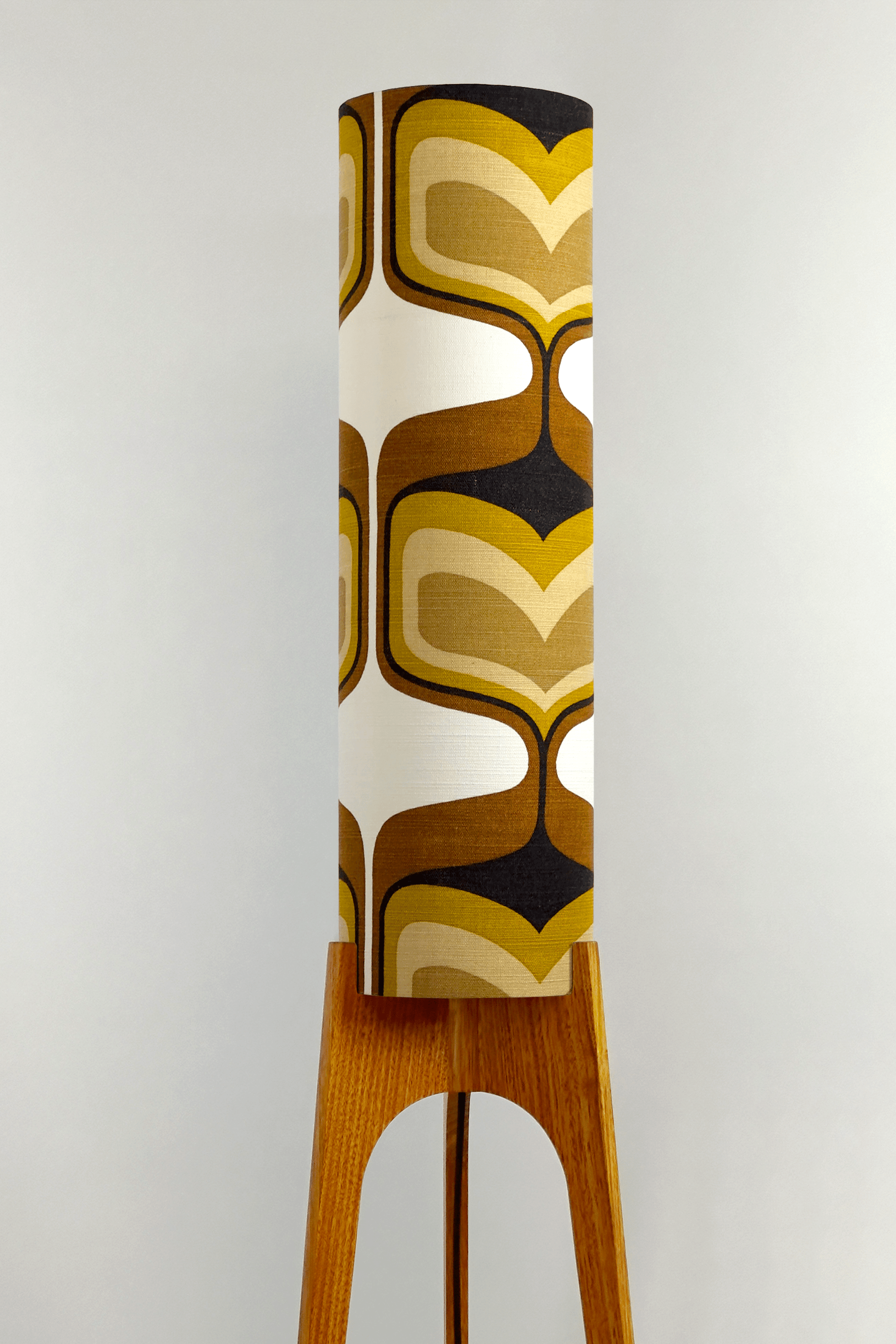 Bruno - Handcrafted wooden Rocket floor lamp with a unique design, handmade lampshade from 70's vintage fabric in mustard and brown.