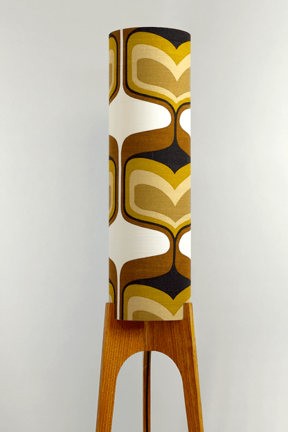 Bruno - Handcrafted wooden Rocket floor lamp with a unique design, handmade lampshade from 70's vintage fabric in mustard and brown.