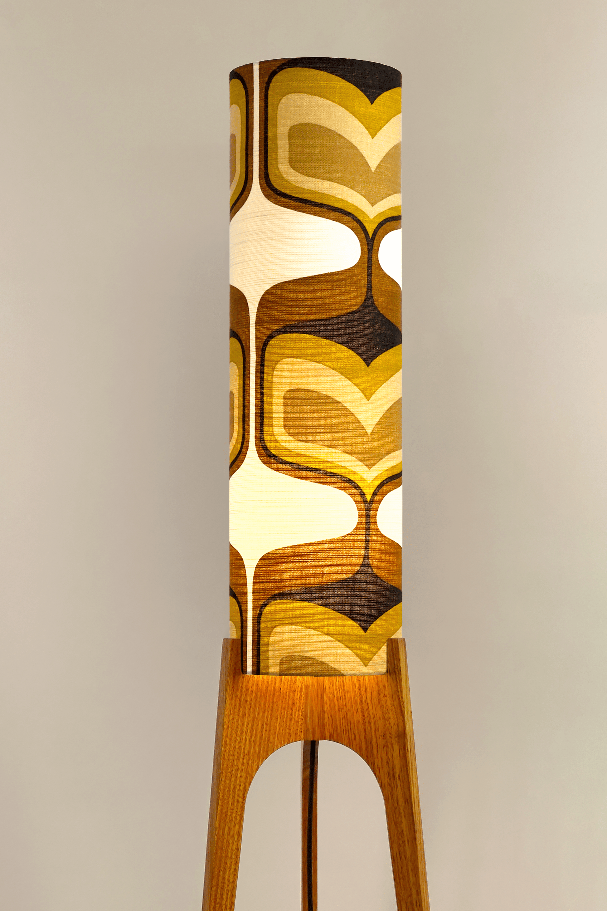 Bruno - Handcrafted wooden Rocket floor lamp with a unique design, handmade lampshade from 70's vintage fabric in mustard and brown.