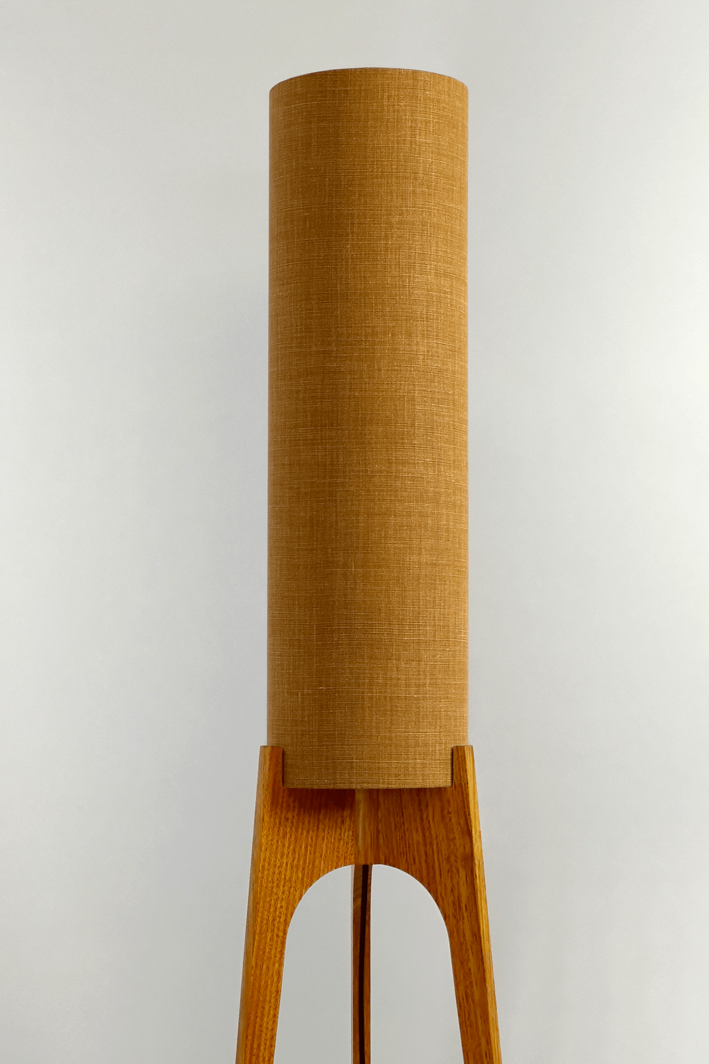 Archie Rocket Floor Lamp with handmade linen lampshade in Camel colour and Wooden lamp base