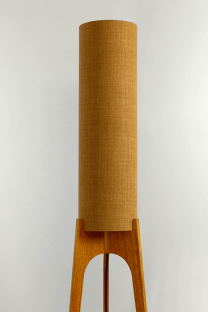 Archie Rocket Floor Lamp with handmade linen lampshade in Camel colour and Wooden lamp base