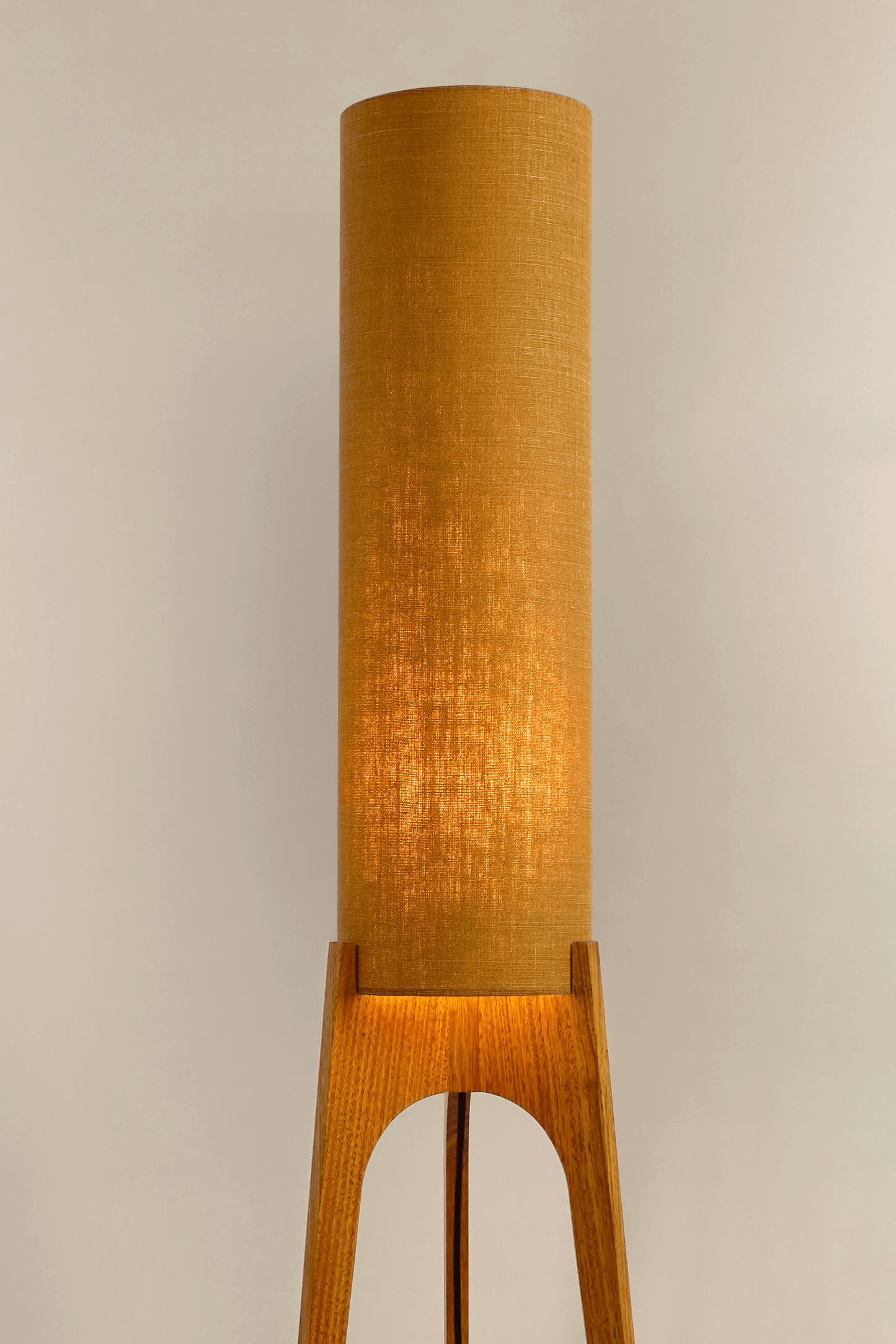 Archie Rocket Floor Lamp with handmade linen lampshade in Camel colour and Wooden lamp base