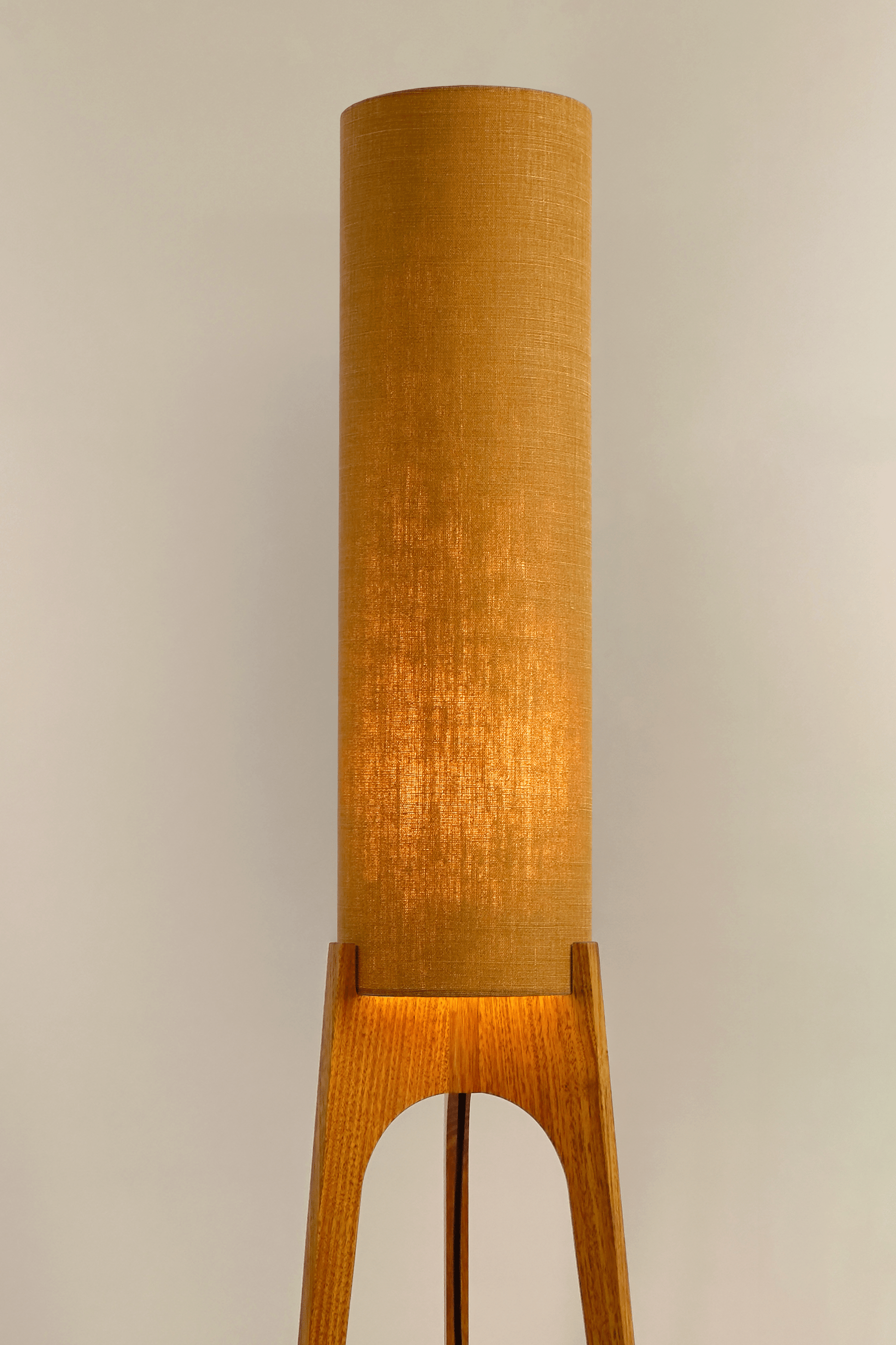 Archie Rocket Floor Lamp with handmade linen lampshade in Camel colour and Wooden lamp base