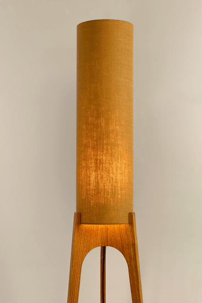 Archie Rocket Floor Lamp with handmade linen lampshade in Camel colour and Wooden lamp base
