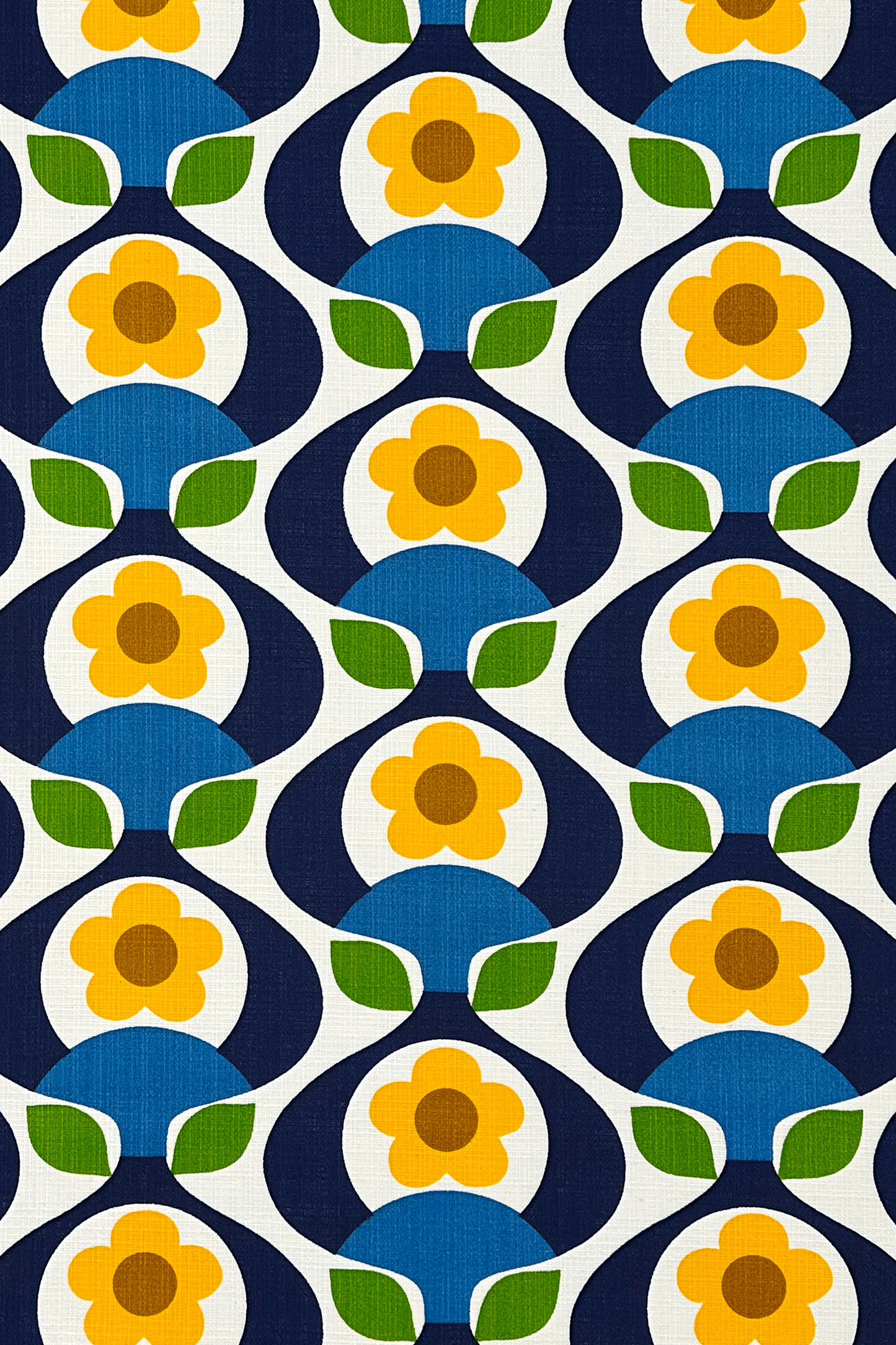 Pattern of yellow flowers with brown centers and green leaves on a blue and white background.