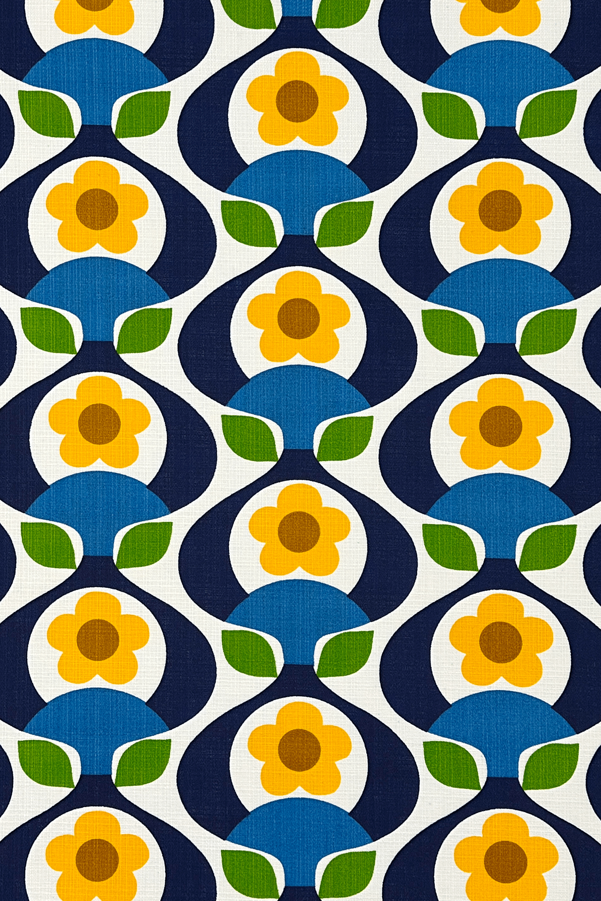 Pattern of yellow flowers with brown centers and green leaves on a blue and white background.