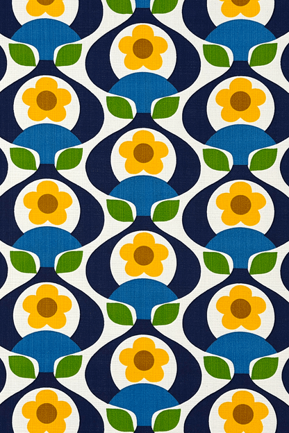 Pattern of yellow flowers with brown centers and green leaves on a blue and white background.
