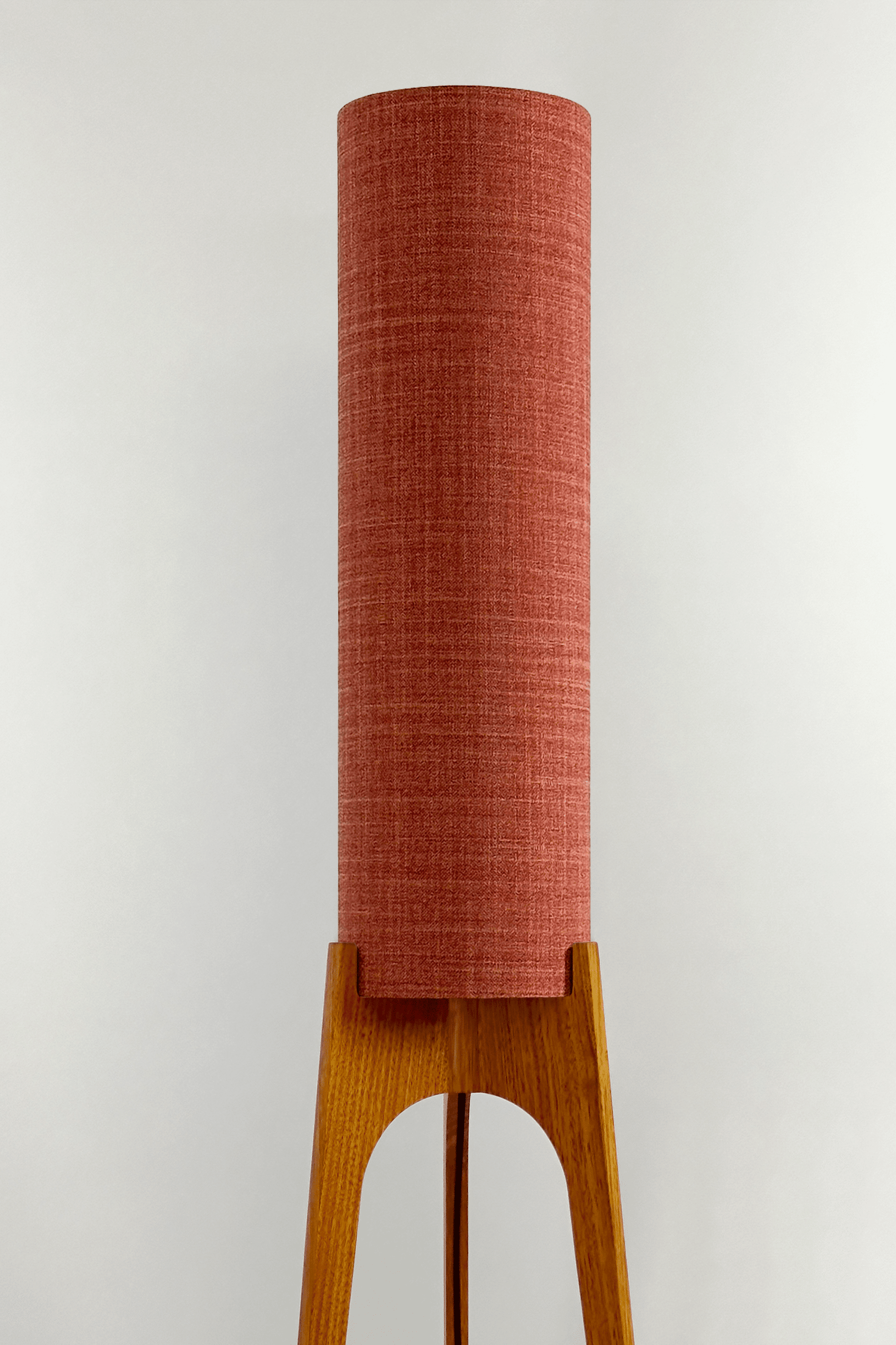 Chili - Tall Archie Rocket floor lamp with red cylindrical shade and wooden base 
