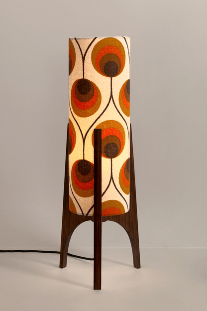Handcrafted Archie Rocket Table lamp with a vintage geometric patterned fabric shade in orange and brown tones, pair with a handmade wooden base