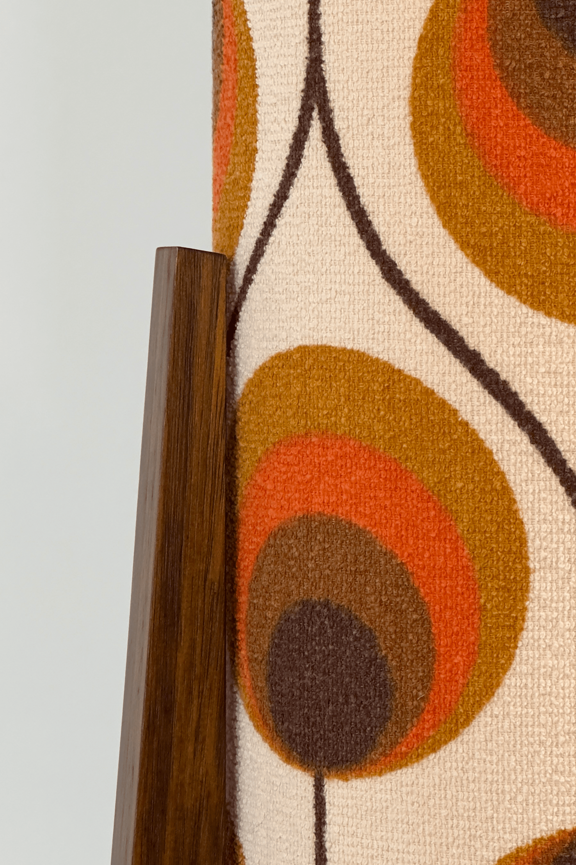 Handcrafted Archie Rocket Table lamp with a vintage geometric patterned fabric shade in orange and brown tones, pair with a handmade wooden base