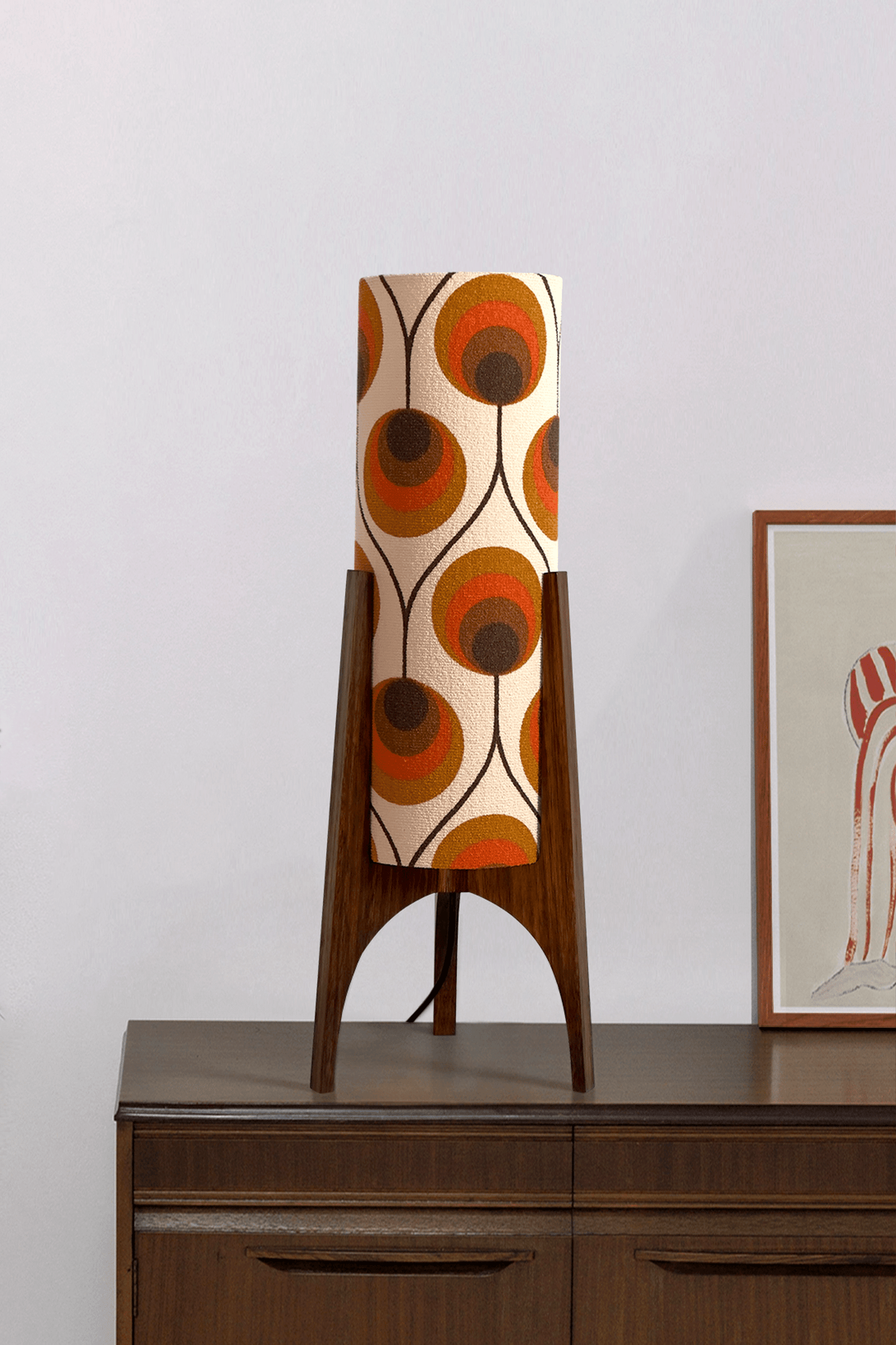 Handcrafted Archie Rocket Table lamp with a vintage geometric patterned fabric shade in orange and brown tones, pair with a handmade wooden base