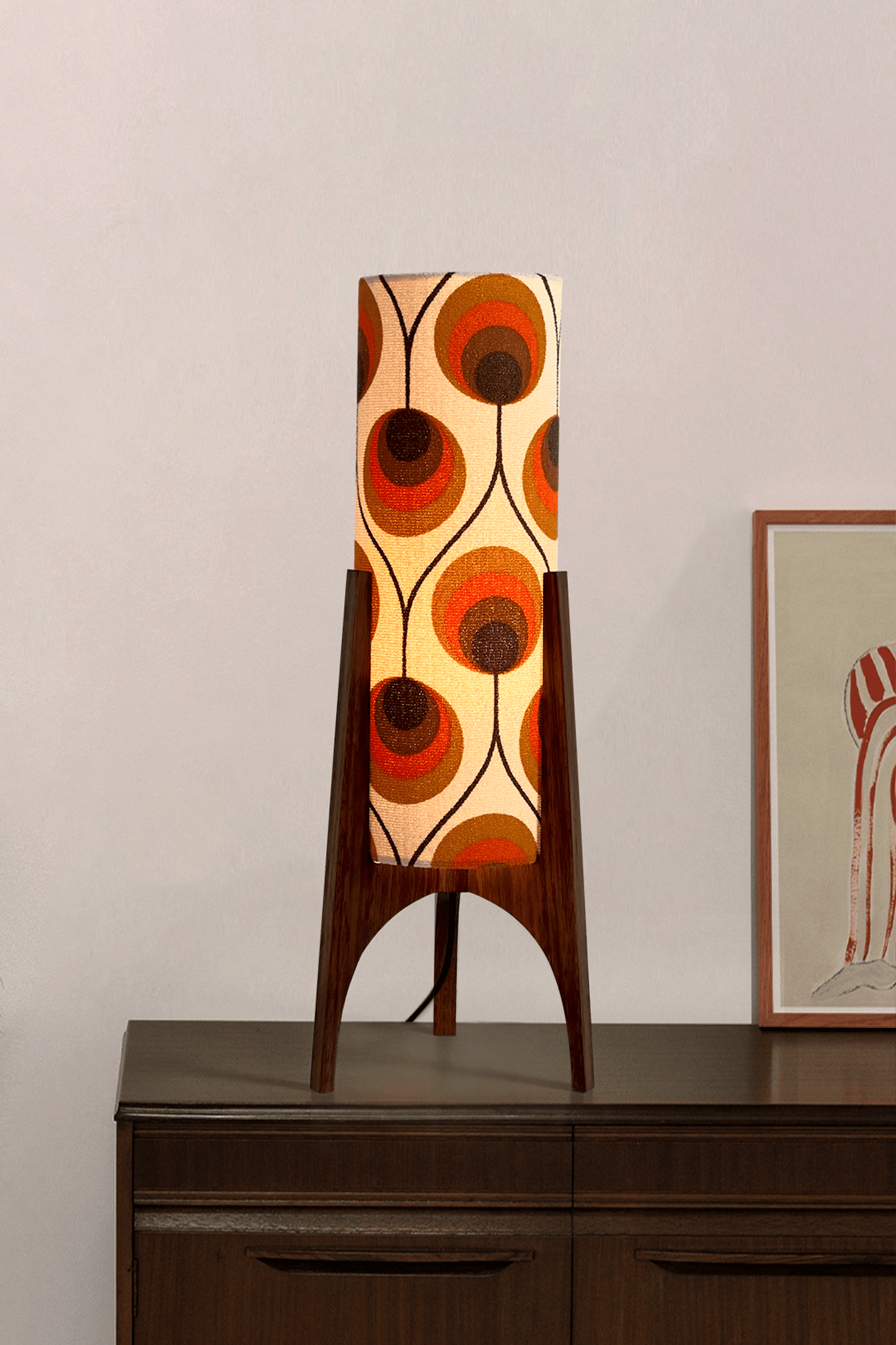Handcrafted Archie Rocket Table lamp with a vintage geometric patterned fabric shade in orange and brown tones, pair with a handmade wooden base