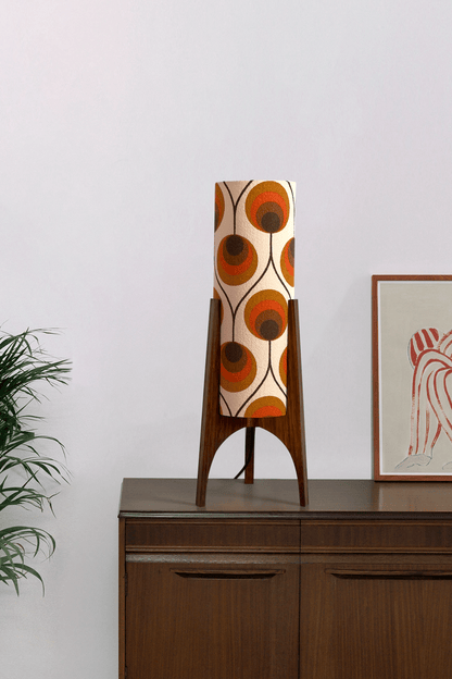 Handcrafted Archie Rocket Table lamp with a vintage geometric patterned fabric shade in orange and brown tones, pair with a handmade wooden base