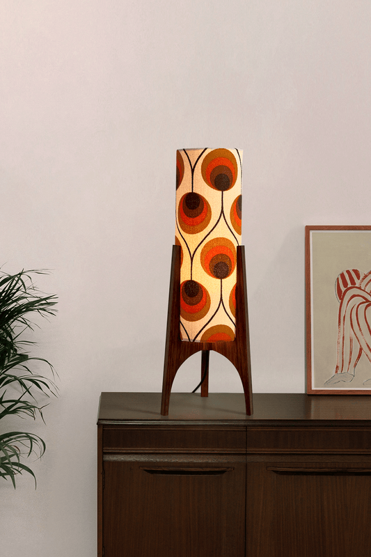 Handcrafted Archie Rocket Table lamp with a vintage geometric patterned fabric shade in orange and brown tones, pair with a handmade wooden base