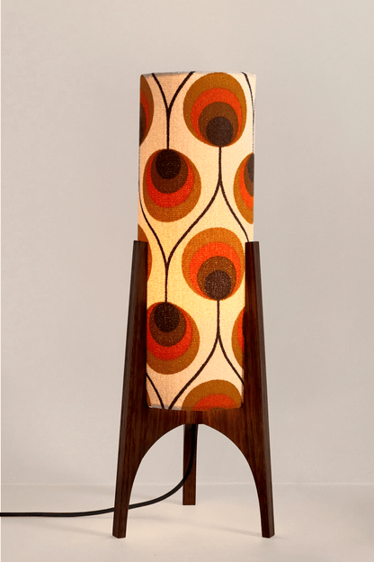 Handcrafted Archie Rocket Table lamp with a vintage geometric patterned fabric shade in orange and brown tones, pair with a handmade wooden base