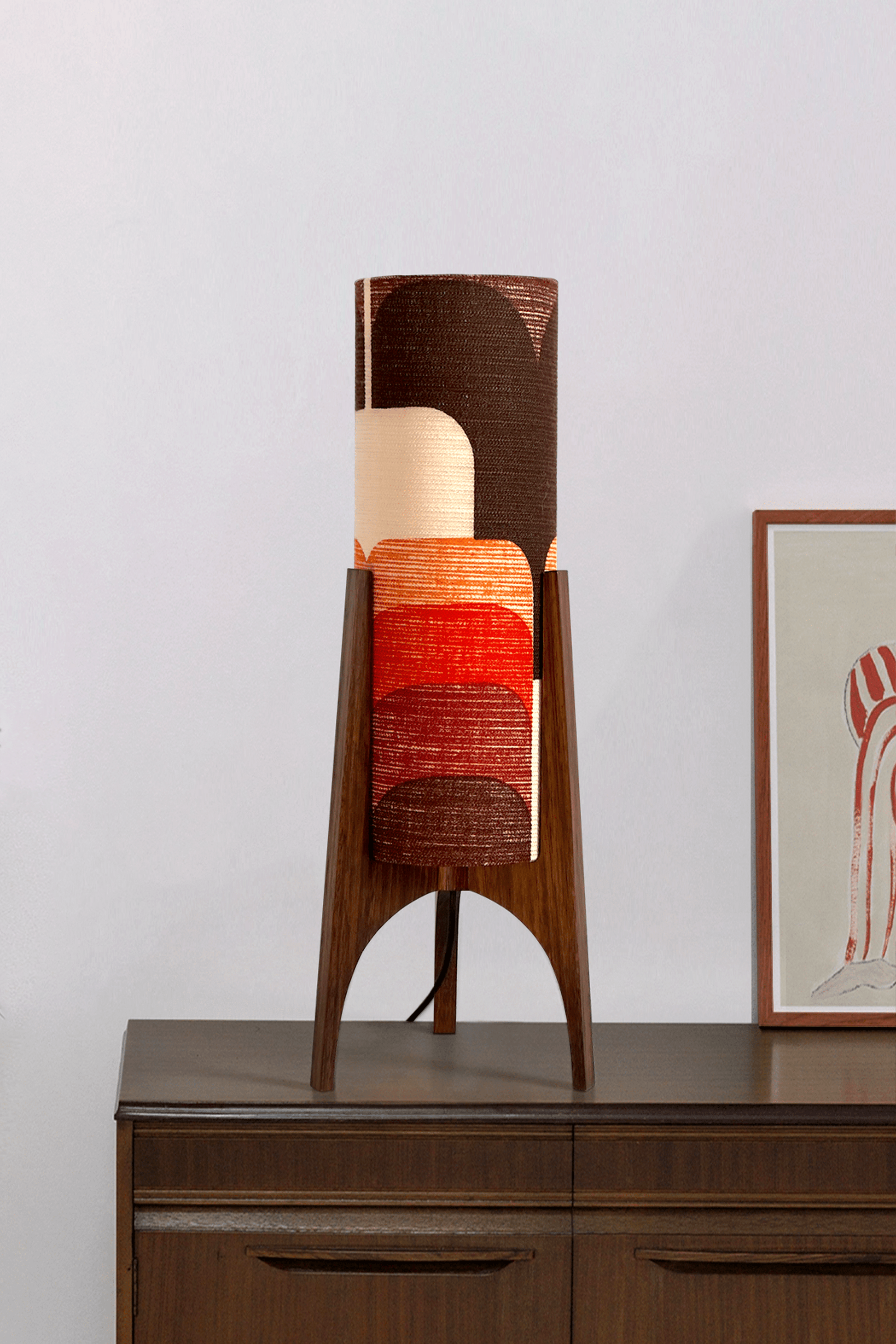 Dawn - Handcrafted Archie Rocket Table lamp with a vintage geometric patterned fabric shade in red and orange tones and wooden base