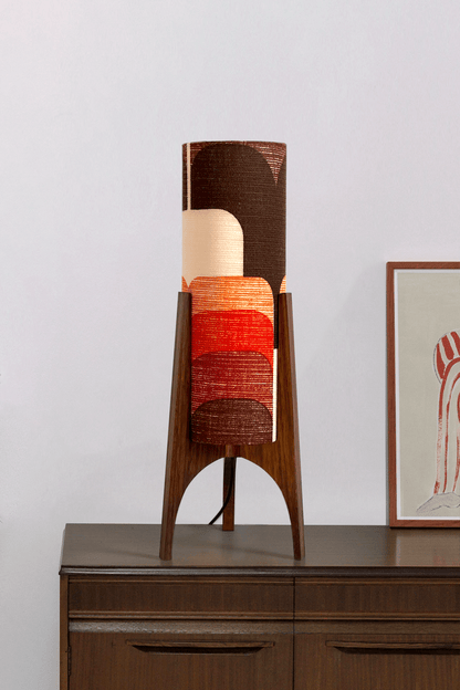Dawn - Handcrafted Archie Rocket Table lamp with a vintage geometric patterned fabric shade in red and orange tones and wooden base