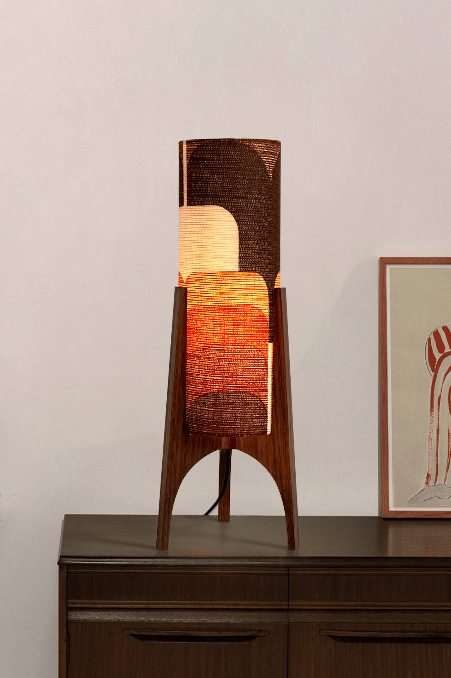 Dawn - Handcrafted Archie Rocket Table lamp with a vintage geometric patterned fabric shade in red and orange tones and wooden base