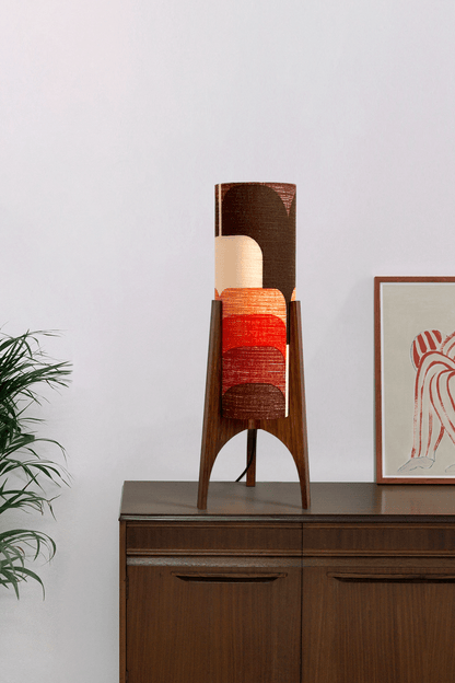 Dawn - Handcrafted Archie Rocket Table lamp with a vintage geometric patterned fabric shade in red and orange tones and wooden base