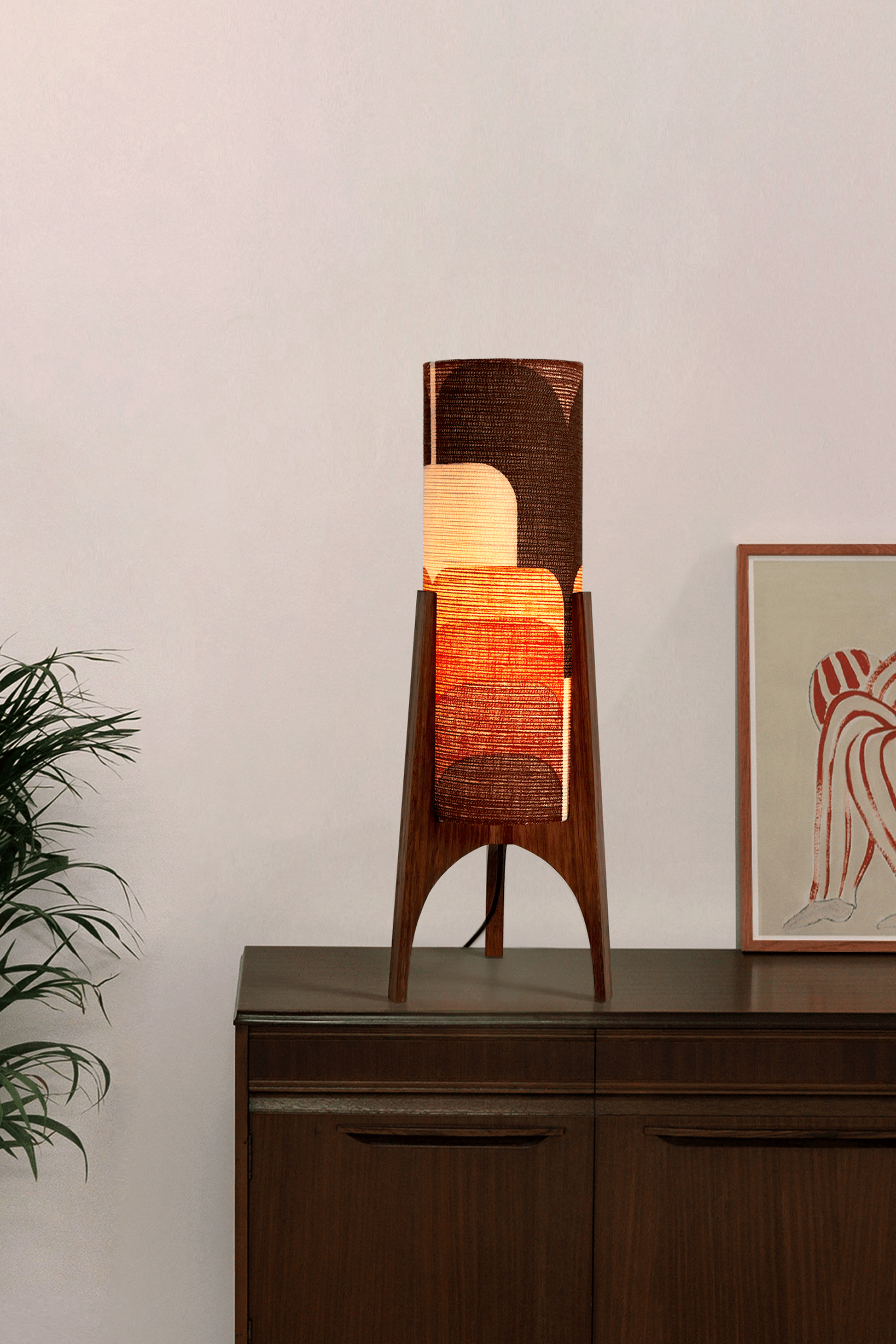 Dawn - Handcrafted Archie Rocket Table lamp with a vintage geometric patterned fabric shade in red and orange tones and wooden base