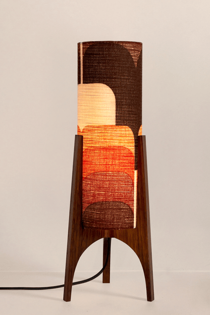 Dawn - Handcrafted Archie Rocket Table lamp with a vintage geometric patterned fabric shade in red and orange tones and wooden base