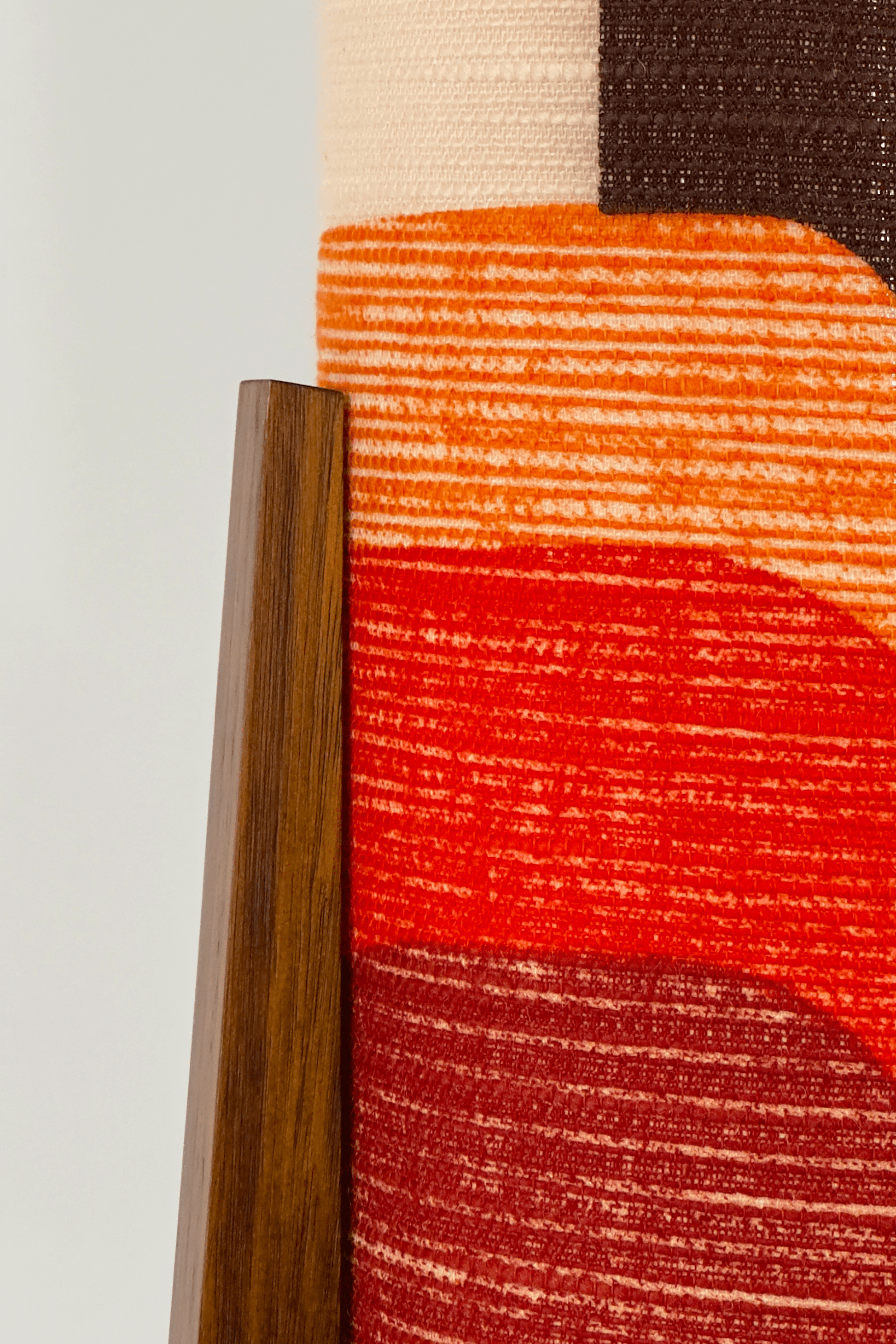 Dawn - Handcrafted Archie Rocket Table lamp with a vintage geometric patterned fabric shade in red and orange tones and wooden base