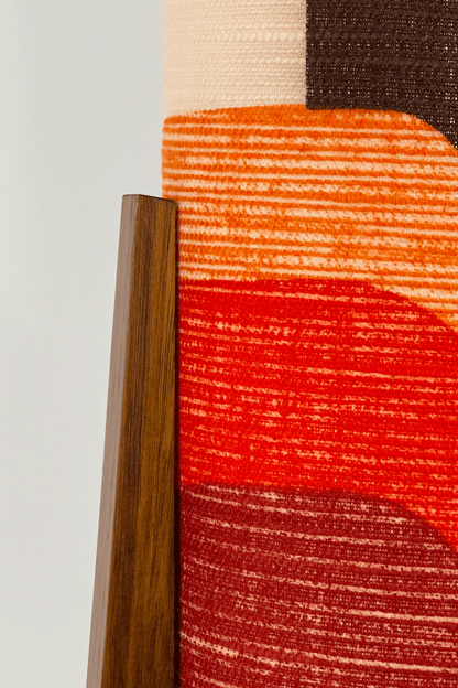 Dawn - Handcrafted Archie Rocket Table lamp with a vintage geometric patterned fabric shade in red and orange tones and wooden base