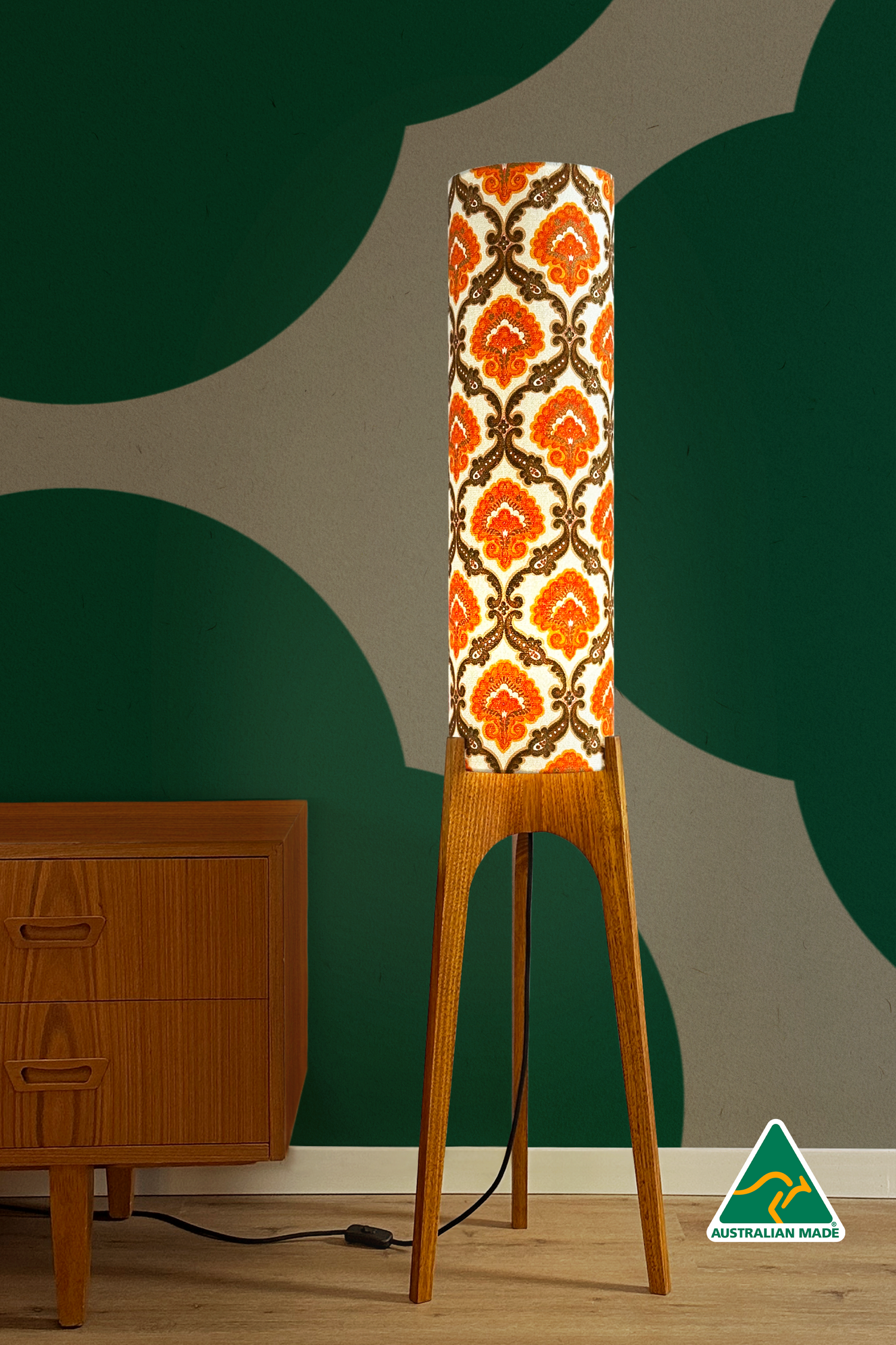 Dori Archie Rocket Floor Lamp in Vintage Geometric patterns featuring orange and brown mid century modern design