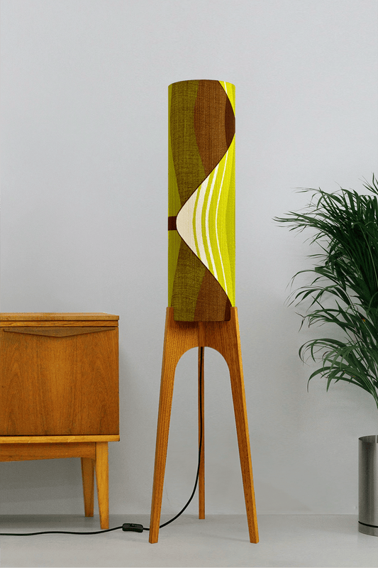 Ellis - Handcrafted wooden Rocket floor lamp with a unique design, handmade lampshade from 70's vintage fabric in vibrant lime, olive green and earthy brown.