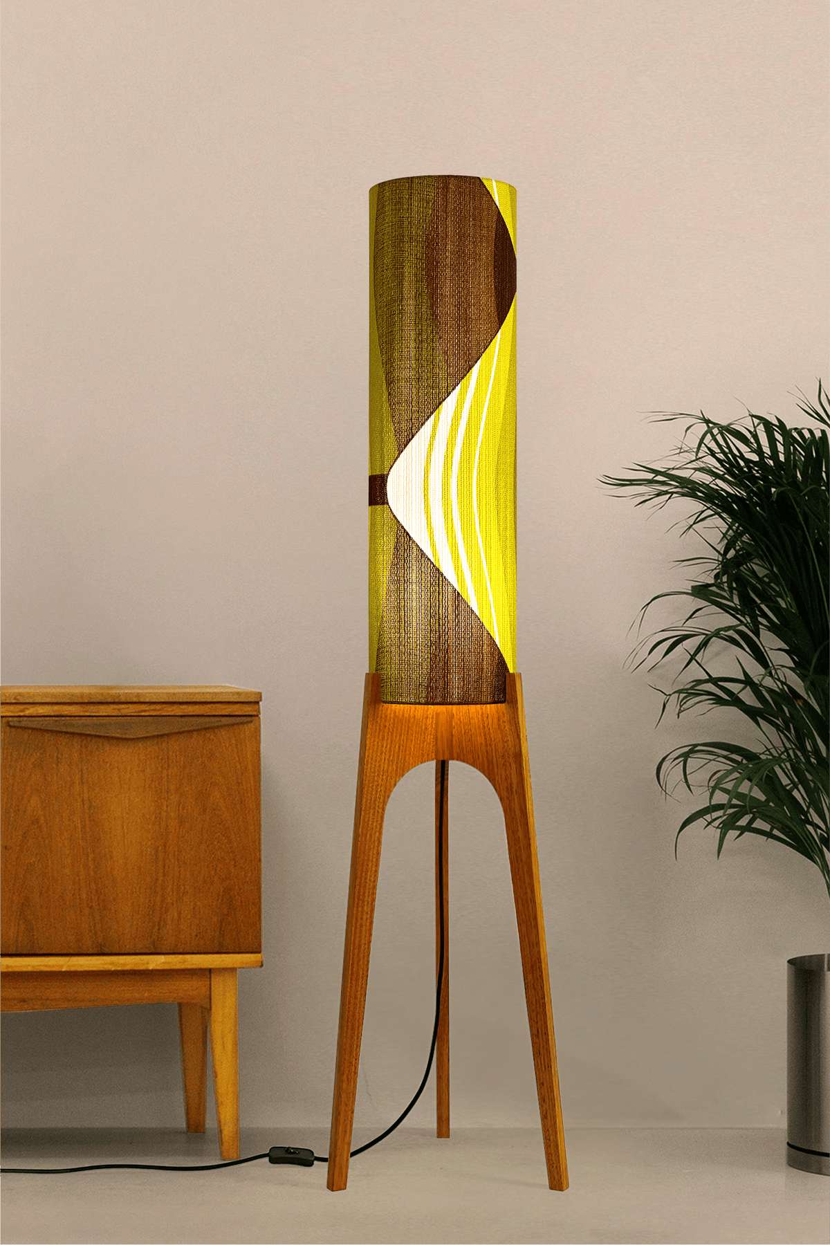 Ellis - Handcrafted wooden Rocket floor lamp with a unique design, handmade lampshade from 70's vintage fabric in vibrant lime, olive green and earthy brown.